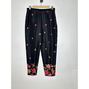 Talbots Pants Womens 10 Black Pink‎ Rose Floral Silk Ankle Tapered Vintage